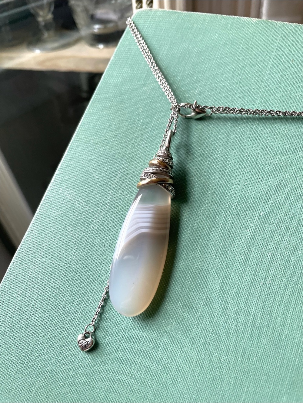 Brighton long silver necklace chain agate pendant